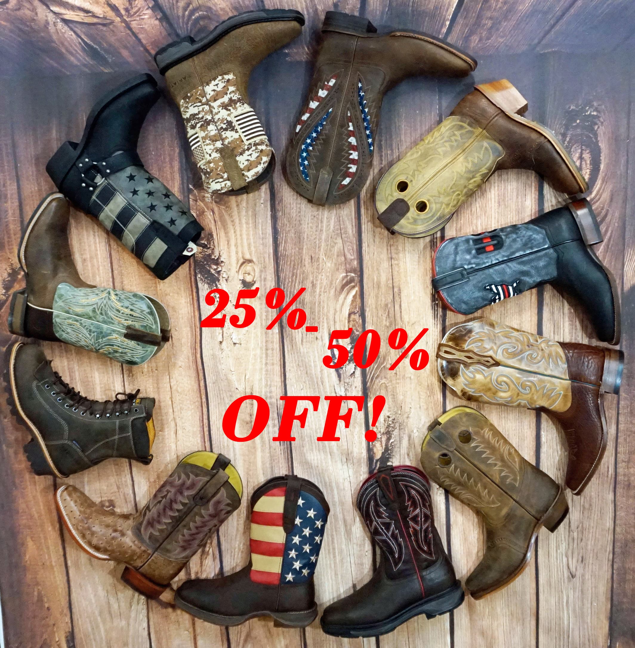 Ring of boots advertising 25-50% off sale at Jackson's Western Store