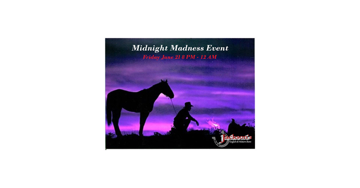 Midnight Madness at Jackson's Western Store ad with horse and cowboy crouching in front of a twilight sky.